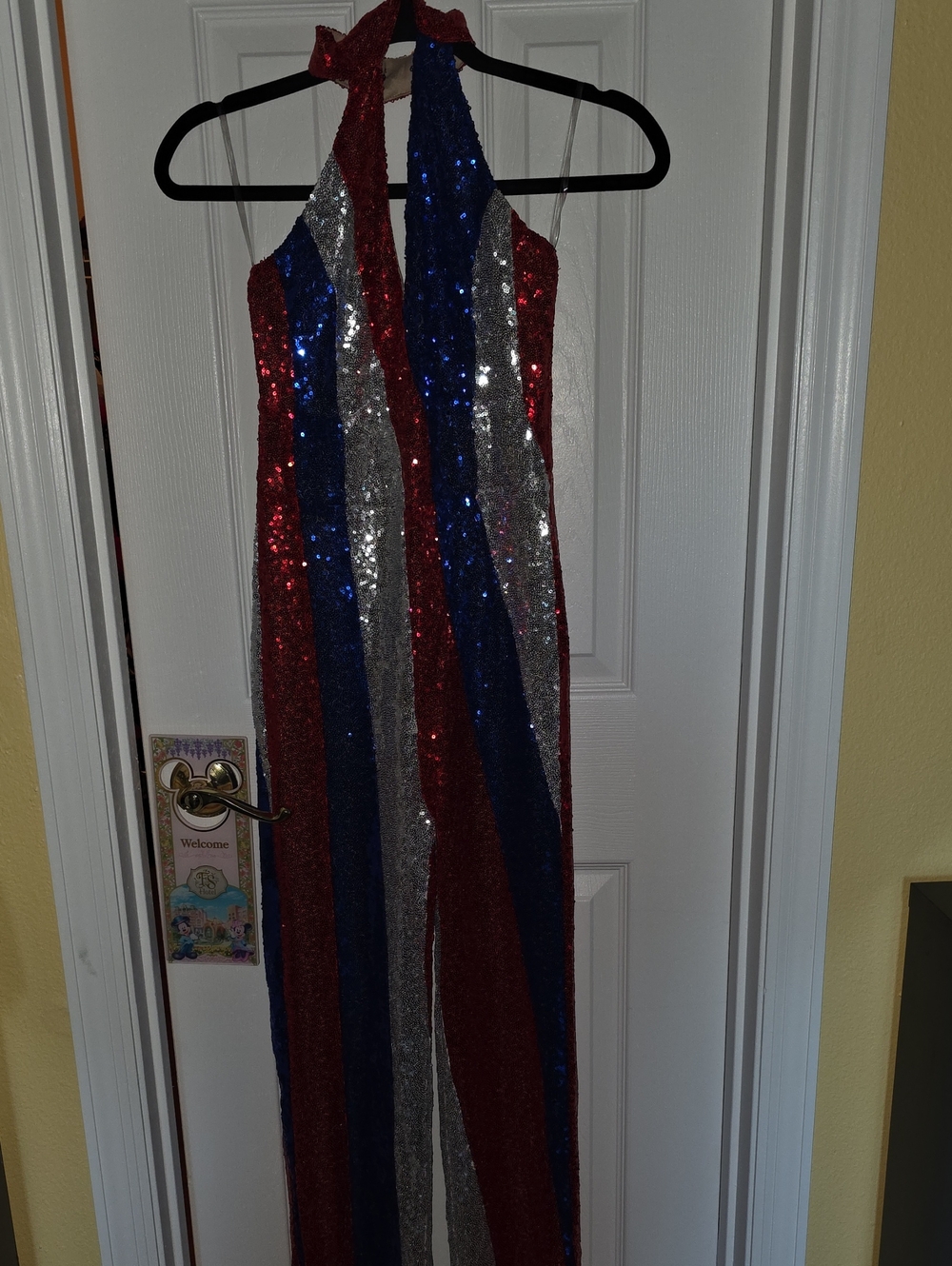 Unique Vintage/Smak Parlour Sequin Halter Jumpsuit in Red, Blue & Silver